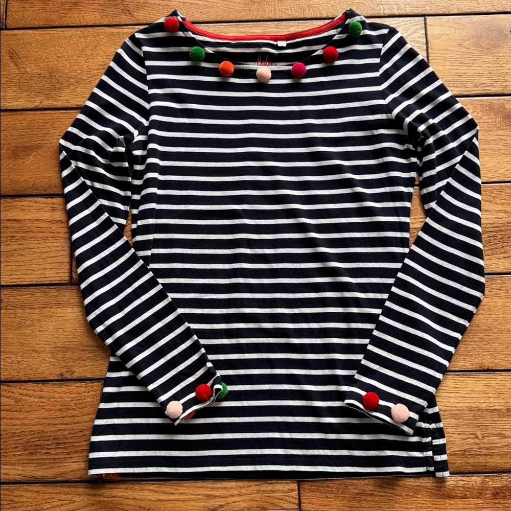 Boden Women’s 6 Stripes Ahead Of The Rest Long Sleeve Navy White Stripe Pom Pom‎